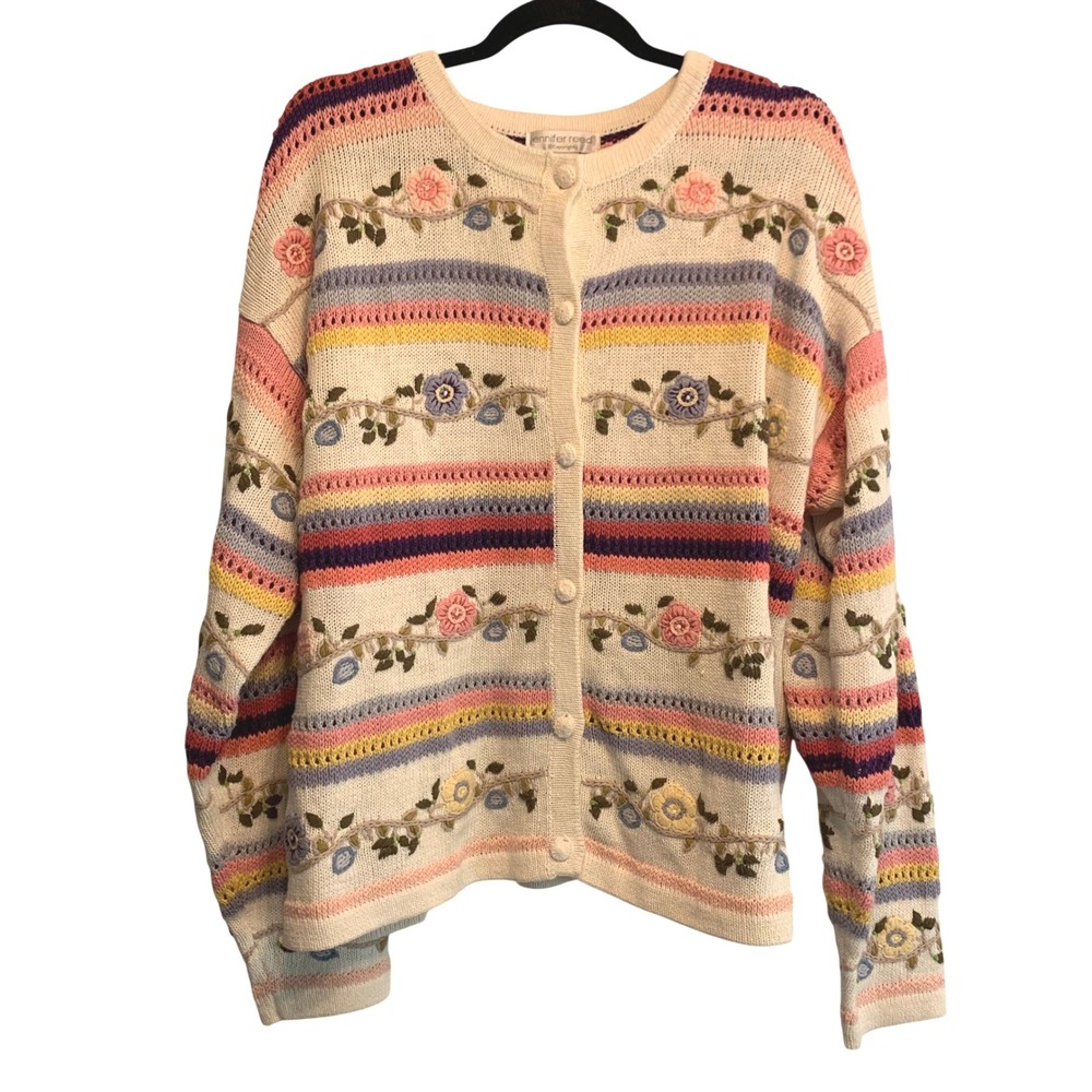 Jennifer Reed Cardigan Sweater XL Floral Embroidered Striped Cotton Knit Cottage